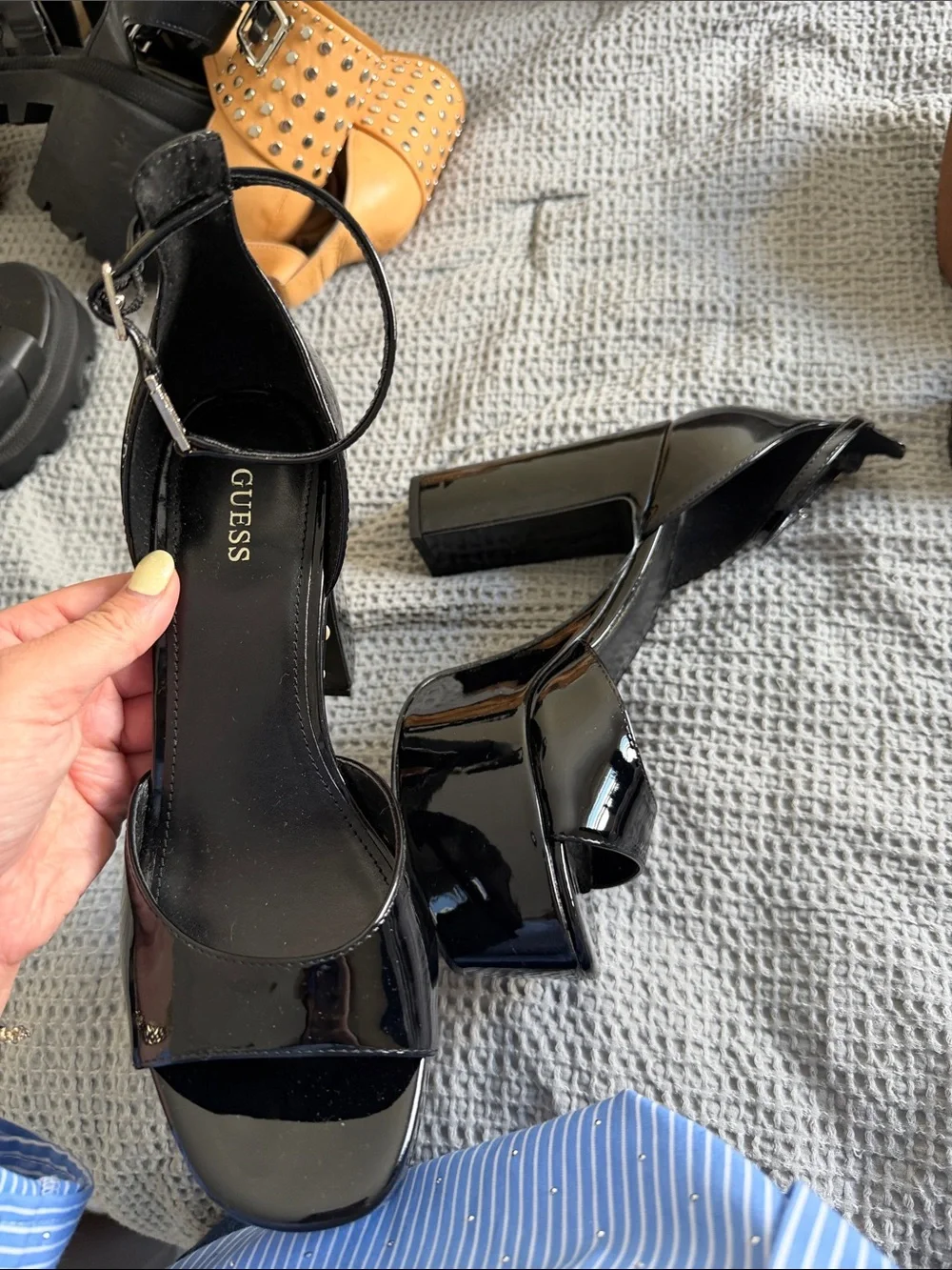 Black Patent Platform Block Heel Sandals - Unbranded